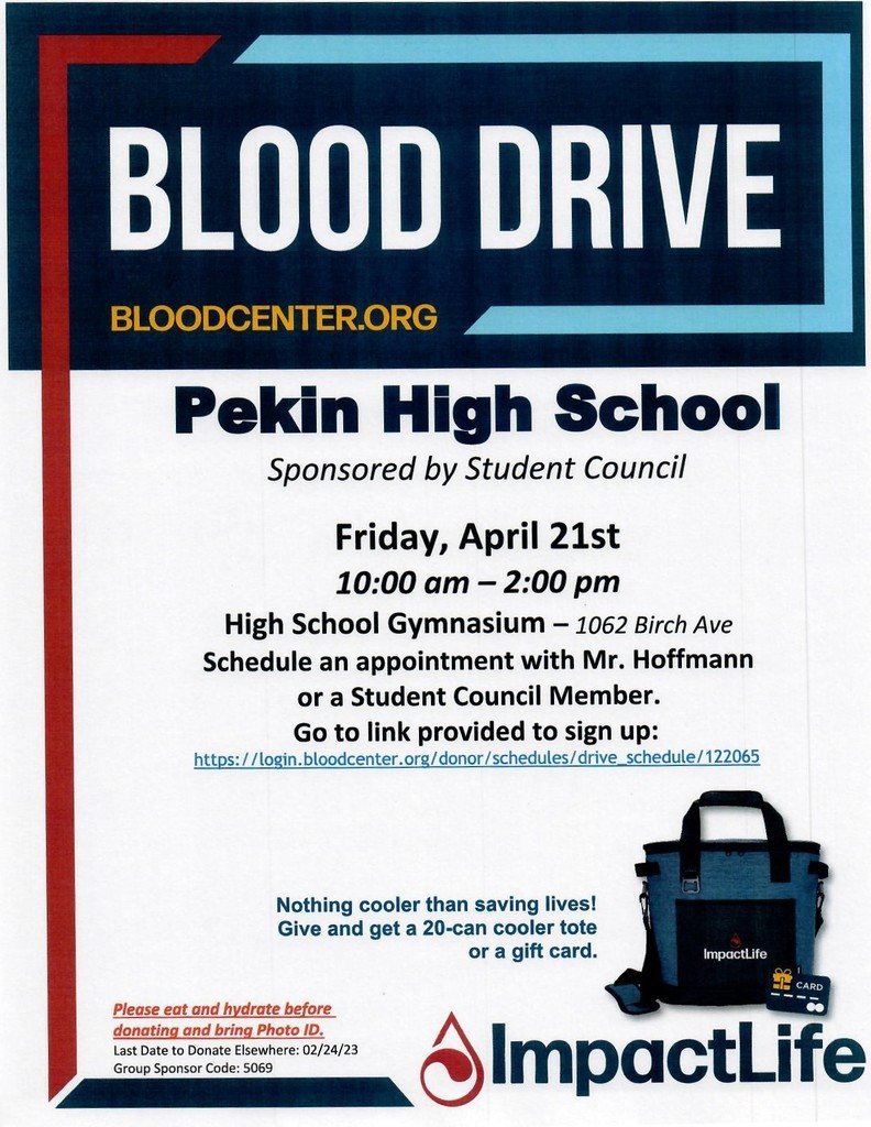 Pekin HS Student Council will be hosting a blood drive on April 21 from 10 am to 2 pm. Please contact Mr. Matt Hoffman or a student council member if you would like to donate.  Direct link: login.bloodcenter.org/donor/schedule…