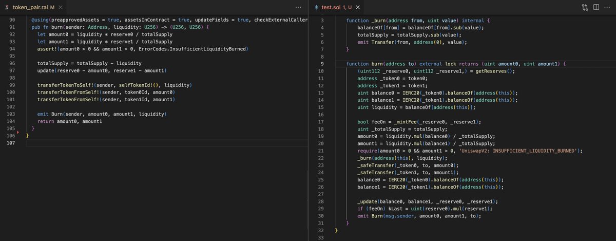 👀👀👀 The code for a burn function of an AMM, one in @alephium’s #Ralph ...