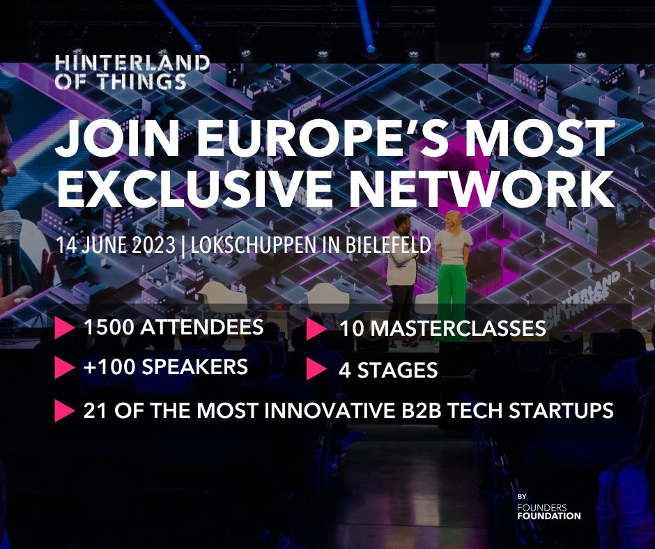 Misch dich unter die CEO's der Hidden-Champions des deutschen Mittelstandes, die Investoren der führenden VC's und die innovativsten B2B #TechStartups. Bewirb dich jetzt und sichere dir dein limitiertes Ticket für die #Hinterland23 der @HelloFounders: hubs.ly/Q01Bw1XY0