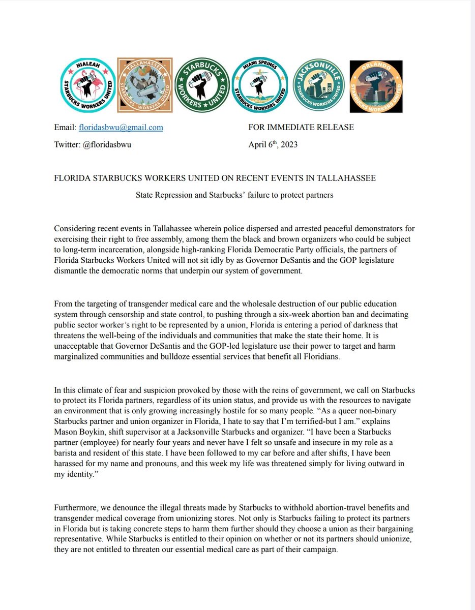 floridasbwu's tweet photo. "..the partners of Florida Starbucks Workers United will not sit idly by while Governor DeSantis and the GOP legislature dismantle the democratic norms that underpin our system of government." 

alt text versions will be in the replies https://t.co/aO31NRgKUQ