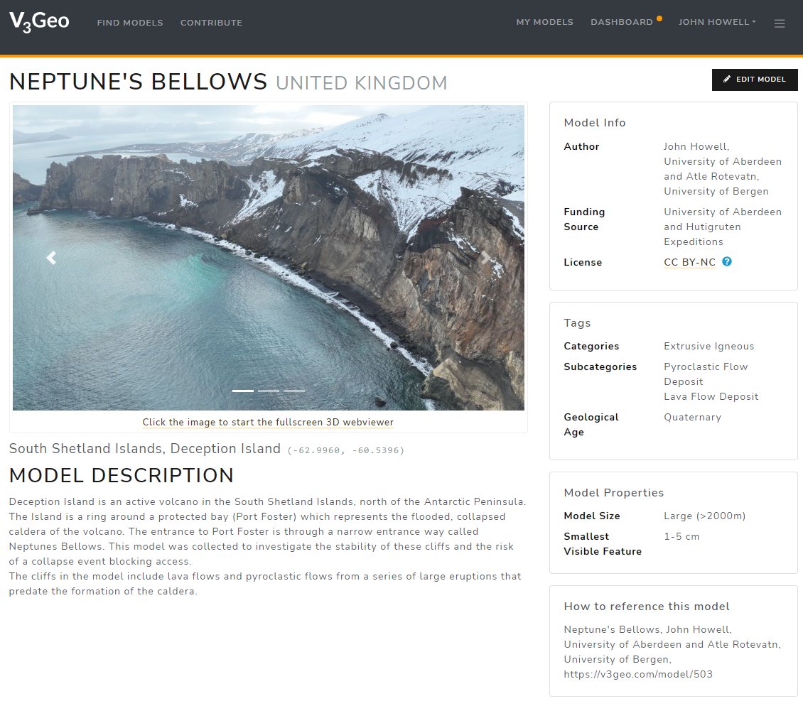 First results from our expedition to #Antarctica are now available at v3geo.com/model/503 Some great models of volcanic cliffs around #NeptunesBellows on #DeceptionIsland Thanks to @HurtigrutenEXP With @UiB_Rotevatn @UoAGeosciences @DJIEnterprise