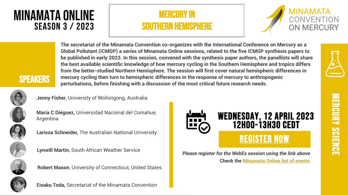 Next week join us for a #MinamataOnline session on "#Mercury in Southern Hemisphere" co-organized with the International Conference on Mercury as a Global Pollutant (ICMGP).

🗓️ Wednesday 12 April, at 12h00-13h30 CEDT  

Learn more &amp; register 🔜 bit.ly/MO230412