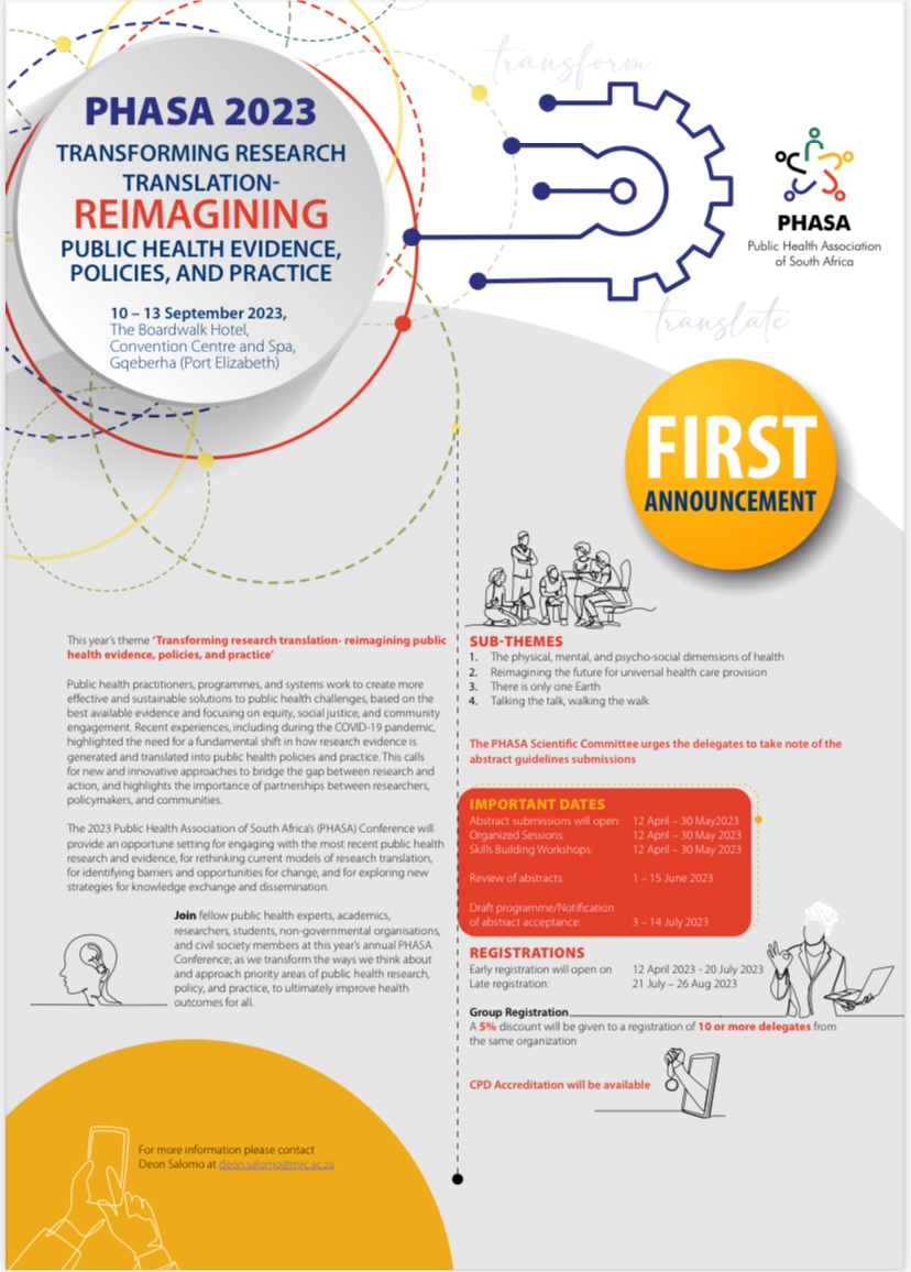 Abstract submission is now open for the #PHASA2023 conference! Don’t miss the opportunity to share your work with fellow public health experts, academics, researchers, students, non-governmental organisations, civil society organizations, and other public health advocates!