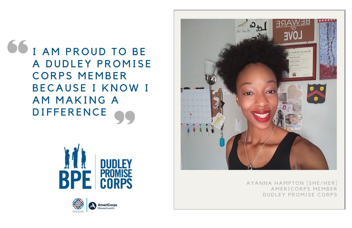 Ayanna is a #proud Dudley Promise member! 

Dudley Promise Corps is a full-time, one-year #AmeriCorps program serving in one of <a href="/BPE_Boston/">BPE</a>'s Teaching Academies

Support Boston students and explore your career options with a paid opportunity

Learn more: Dudleypromise.org/apply