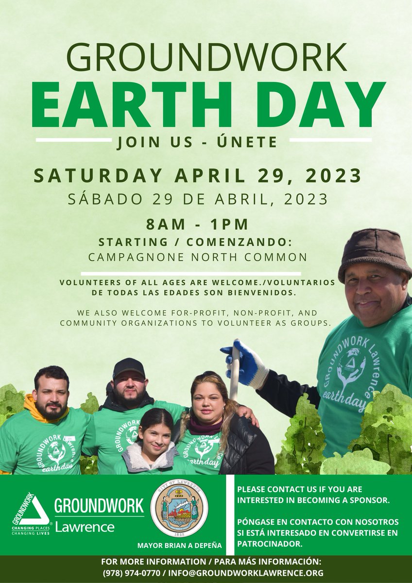 At #GroundworkLawrence Earth Day, we've seen the power of community action. 

Together, we've cleaned up our city and made it a better place to live. 
Join us this year and be a part of the change.

Register today!
bit.ly/3ZH1XmP
#EarthDay
#LawrenceMa