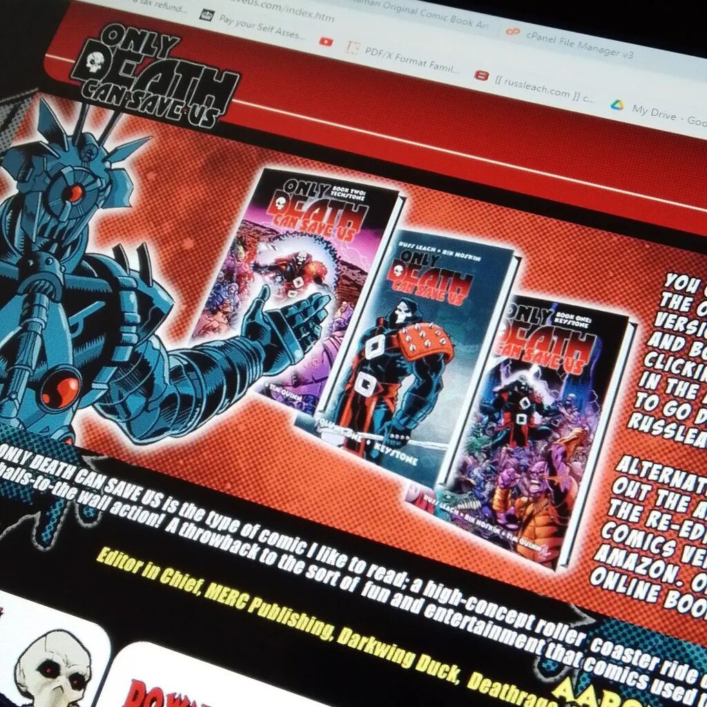 #onlydeathcansaveus website updated with an 8 page preview pdf to download and links to buy books and merch at the russleach.com website #scifi #fantasy #bronzeagecomics #comics #indycomics instagr.am/p/CqsfTAOMw0H/… have great deals...