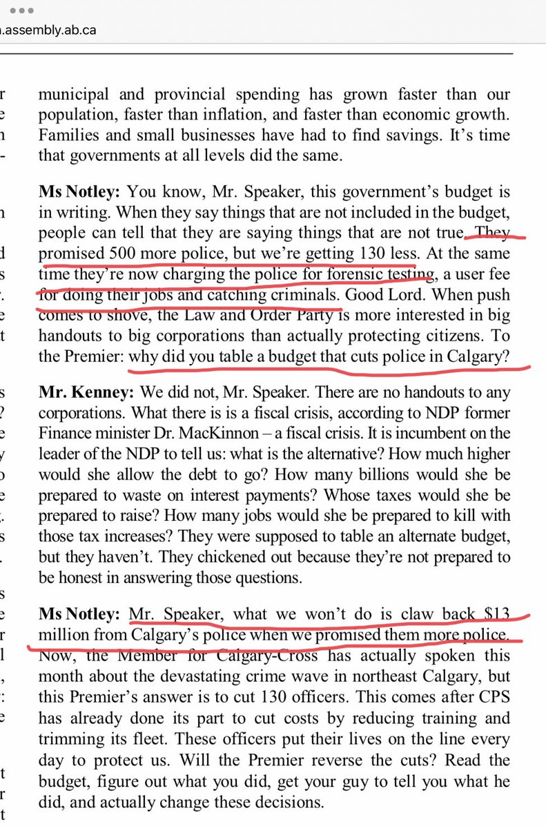 BarbLarochelle's tweet photo. Since UCP loves to go digging through the hansard, turn about is fair play, right? Here’s an exchange between Rachel Notley and Kenney about UCP’s cuts to funding for police in the fall of 2019. 
Full transcript on p. 2046 of the Oct. 29 Hansard

https://t.co/TGzDSXdyN0 https://t.co/RKjkKQu2ve