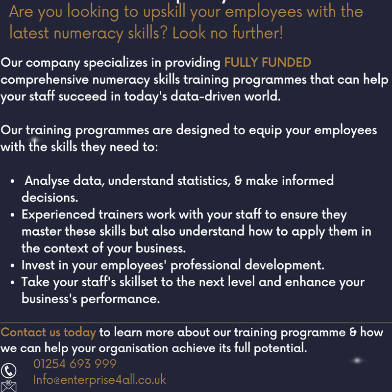 Boost your employees' skills with FREE numeracy training! From data analysis to decision-making, our courses equip them with the latest skills. Invest in their development and take your business to new heights. Contact us now! #numeracyskills #upskilling #WestYorkshire.