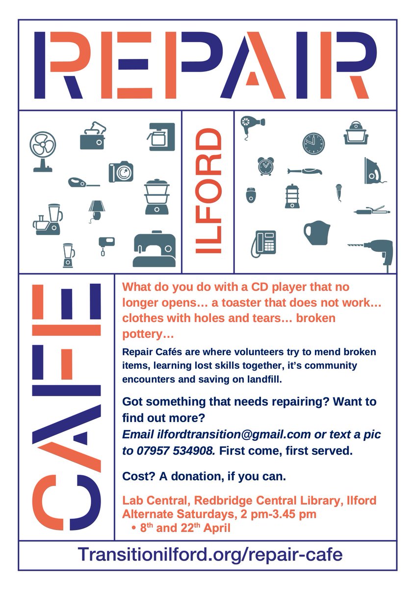 TTownIlford's tweet photo. It's the #energy and #repair Cafe this #Saturday at the  @RedbridgeLibs in Ilford from 2pm to 3.45pm... https://t.co/KGbTvHsRzz
