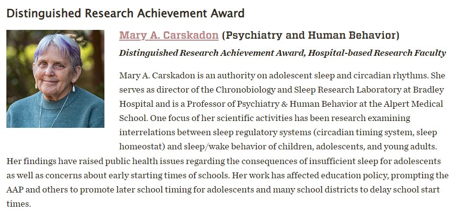Dr. Mary Carskadon’s research at <a href="/SleepMHCenter/">Sleep and Mental Health Research Center</a> has forever changed the way parents &amp; policymakers understand the sleep needs of adolescents. In recognition of her impact, Brown has selected her for a much-deserved Distinguished Research Achievement Award.
brown.edu/research/condu…