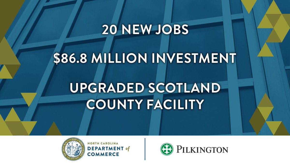 NCCommerce's tweet photo. JUST ANNOUNCED: Pilkington North America, Inc. will create 20 jobs and invest $86.8 million to upgrade its #ScotlandCounty facility.
More: https://t.co/VXmGs6X8fI
#Mfg #EconDev #RuralDev #OneNC https://t.co/DYpmsi5cEO