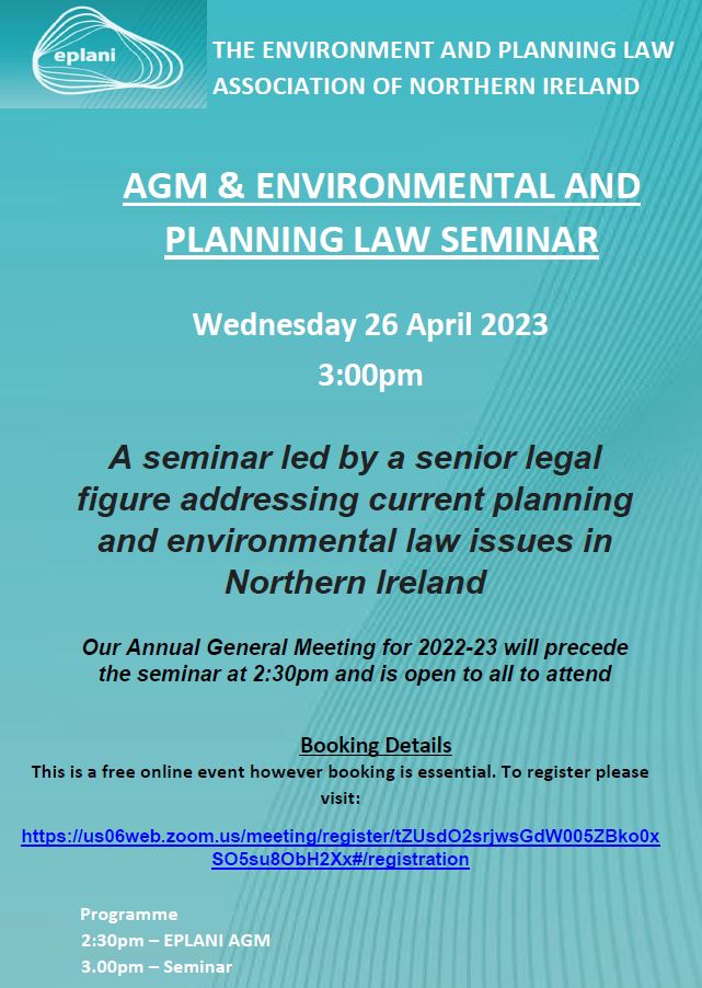 Our 2023 programme continues with a seminar on current planning and environmental law issues in Northern Ireland on 26 April led by a senior legal figure. This will be preceded by our AGM. All welcome to attend.  Register here: protect-eu.mimecast.com/s/eQh8CAQnOiNv…