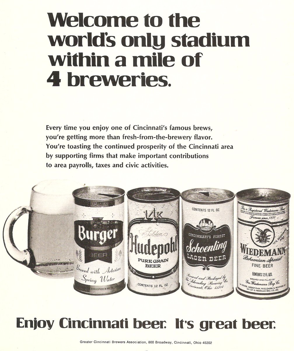 I love looking at old #Reds yearbooks. This was in the Reds 1972 Playoffs publication. So how many breweries are within a mile of Great American Ball Park today?