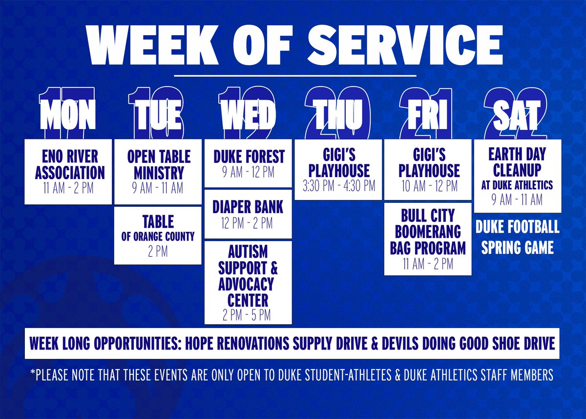 UPDATED: Duke Student-Athletes &amp; Athletics Staff Members are invited to join in during our “Week of Service”. Please sign up if you are willing and able to help us give back to our community!   

Visit our DEIB page for information and registration links: goduke.com/sports/2023/3/…