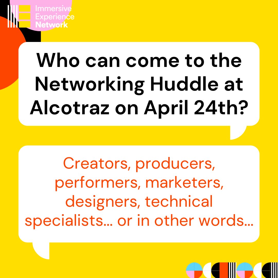 ImmersiveExpNet's tweet image. Who should come along to the Huddle on 24th April? We want to connect as many doers, makers, movers and shakers in the Immersive sector as possible. Who to bring? Invite someone who you&apos;ve worked with but whose role is totally different from yours. buytickets.at/immersiveexper…