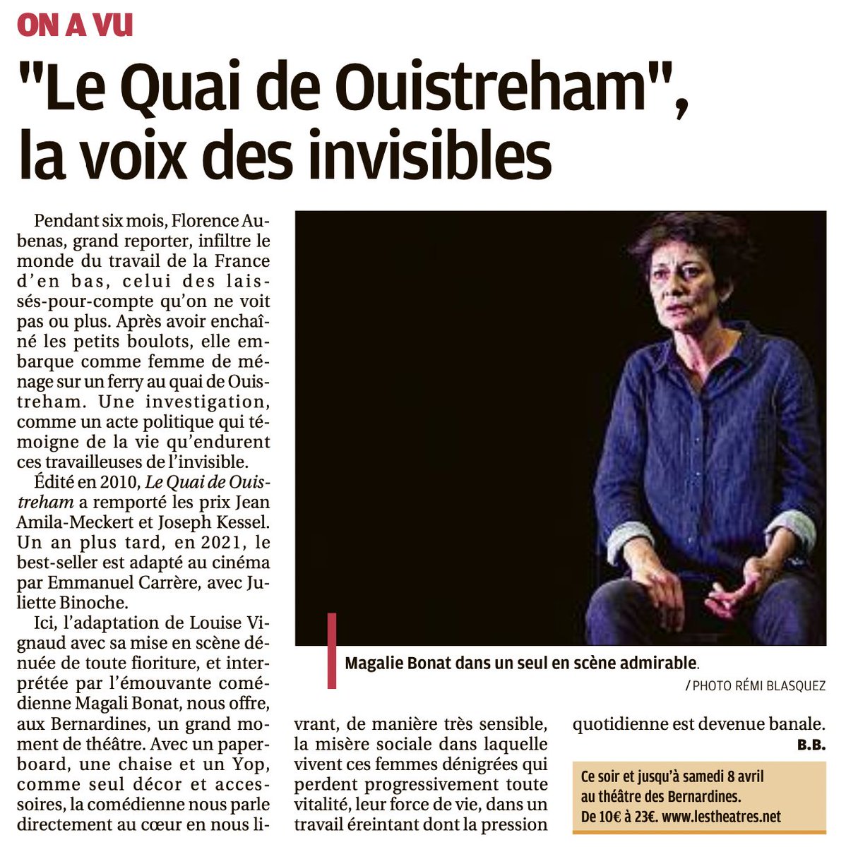 Retour sur le Quai de Ouistreham, mise en scène de Louise Vignaud dans <a href="/laprovence/">La Provence</a> par <a href="/BeyaBentayeb/">Bentayeb</a> ! 

🎫 bit.ly/LEQUAIDEOUISTR…
🏛 Théâtre des Bernardines
📞 08 2013 2013