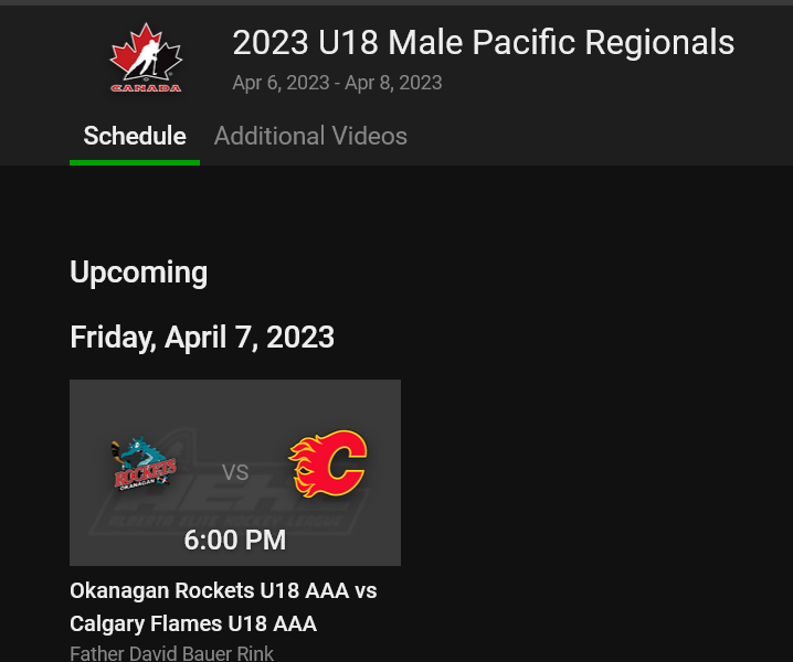 The Pacific Regionals #U18AAA begins 
Random info

<a href="/RocketsU18/">Okanagan Rockets U18 AAA</a>  
Ranked 8th (via <a href="/MYHockeyRanking/">MYHockey Rankings</a> )
AGD 2.11
went 3-2 vs Alberta AEHL teams 
Last 10-> 10-0-0 vs Opp ranking 94.00

<a href="/FlamesU18AAA/">NWCAA U18 AAA Flames</a> 
ranked 16th
AGD 0.50
went 1-0 vs BCEHL teams
Last 10 -> 8-2 vs Opp ranking 95.77