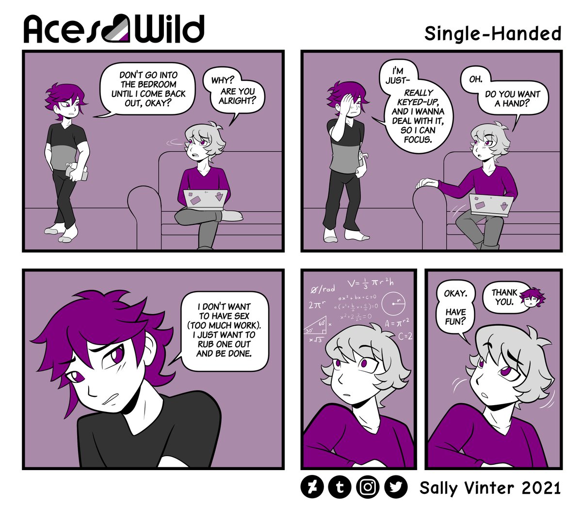 Aces Wild is an educational comic with a sense of humour about what it's like being Asexual in a heteronormative world.

It can be read on Tapas, Webtoon, Tumblr, DeviantART, and Instagram (Links in my Profile)

#AcespecComicShare #IAD #IAD2023