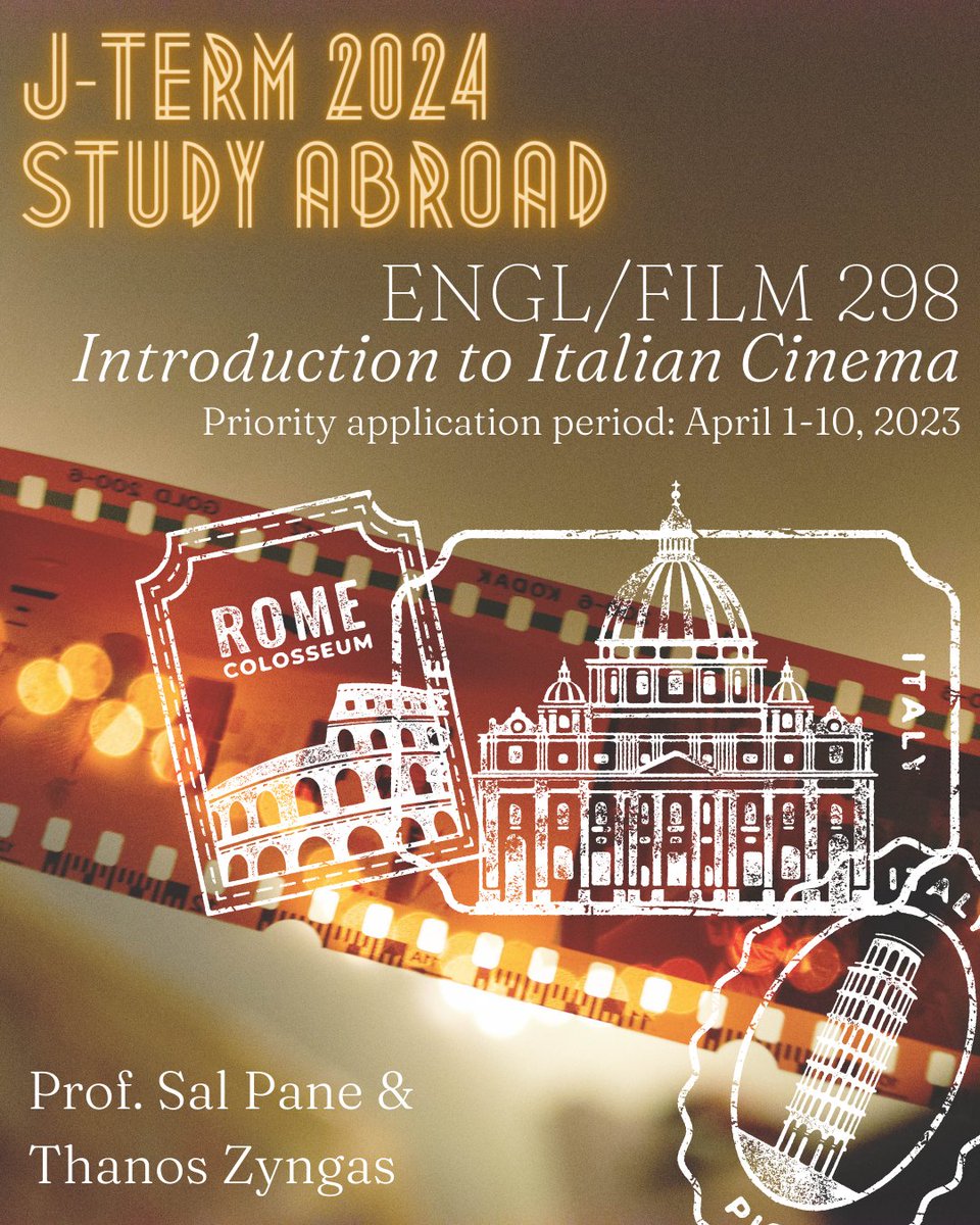 StThomasEnglish's tweet photo. Looking for a J-Term study abroad? Look no further!  

Apply during the priority application period for the Introduction to Italian Cinema course in Rome! https://t.co/xX0qSzkwua