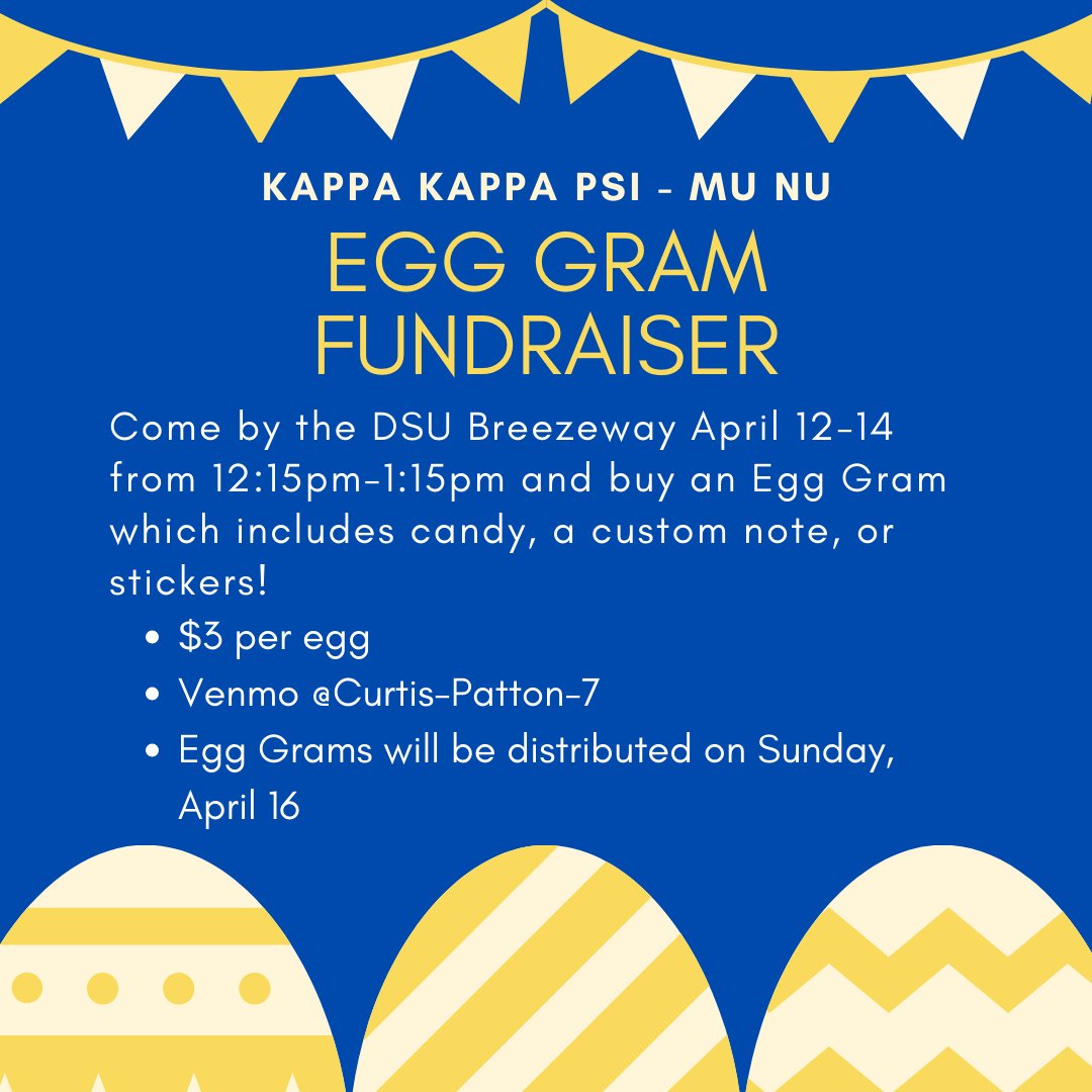 MuNu_KKPSI's tweet photo. From April 12-14 during the lunch hours, we will be selling Egg Grams in the DSU Breezeway! Pay $3 to buy an Egg Gram, which will include candy, a custom note, or stickers! For more information, please contact Curtis Patton at curtis.patton.21@cnu.edu. https://t.co/FPPo1uJgOH