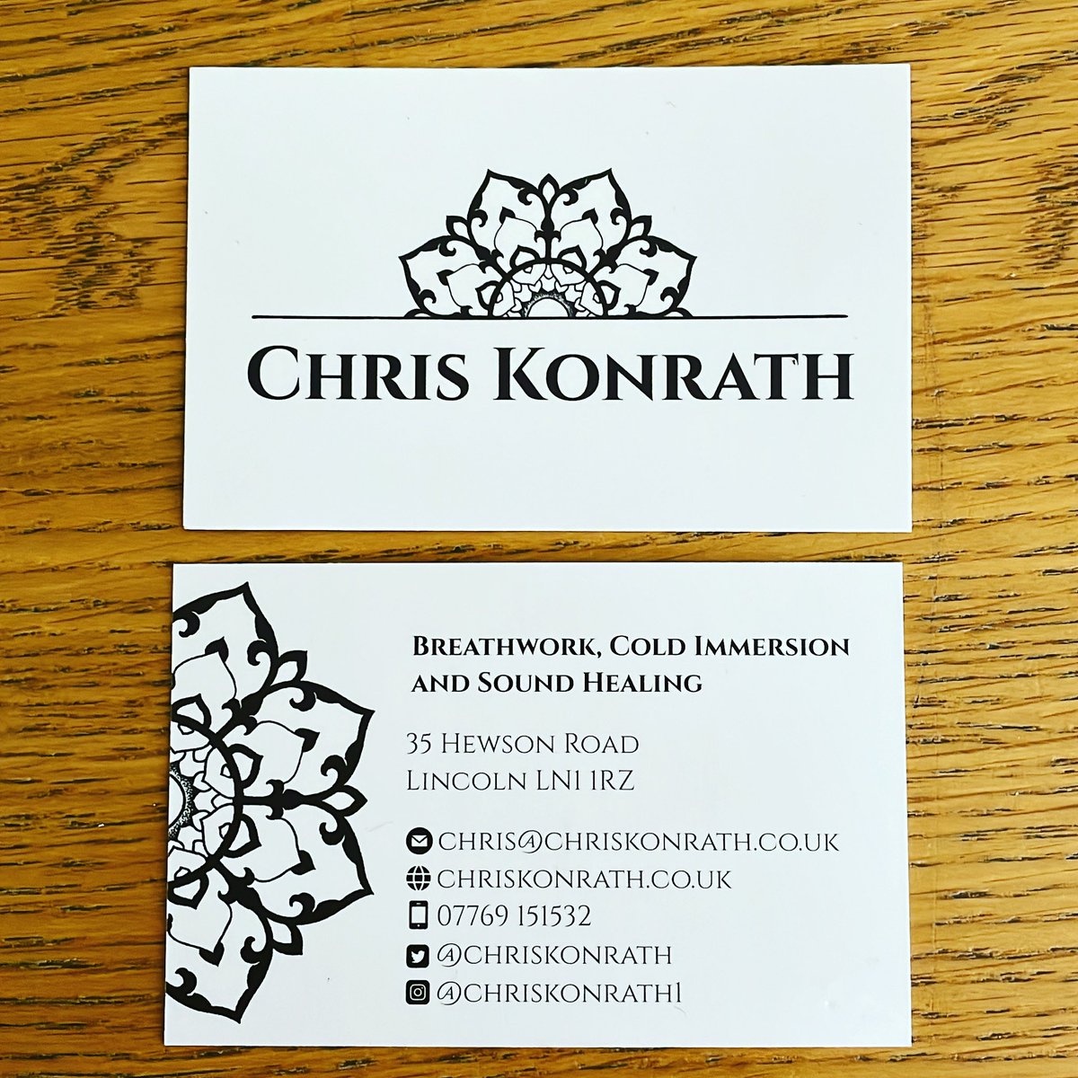 chriskonrath's tweet photo. Business cards arrived today. Front and back. Stoked. #breathwork #coldimmersion #coldimmersiontherapy #soundhealing #soundbath https://t.co/wFJsjkWHyF