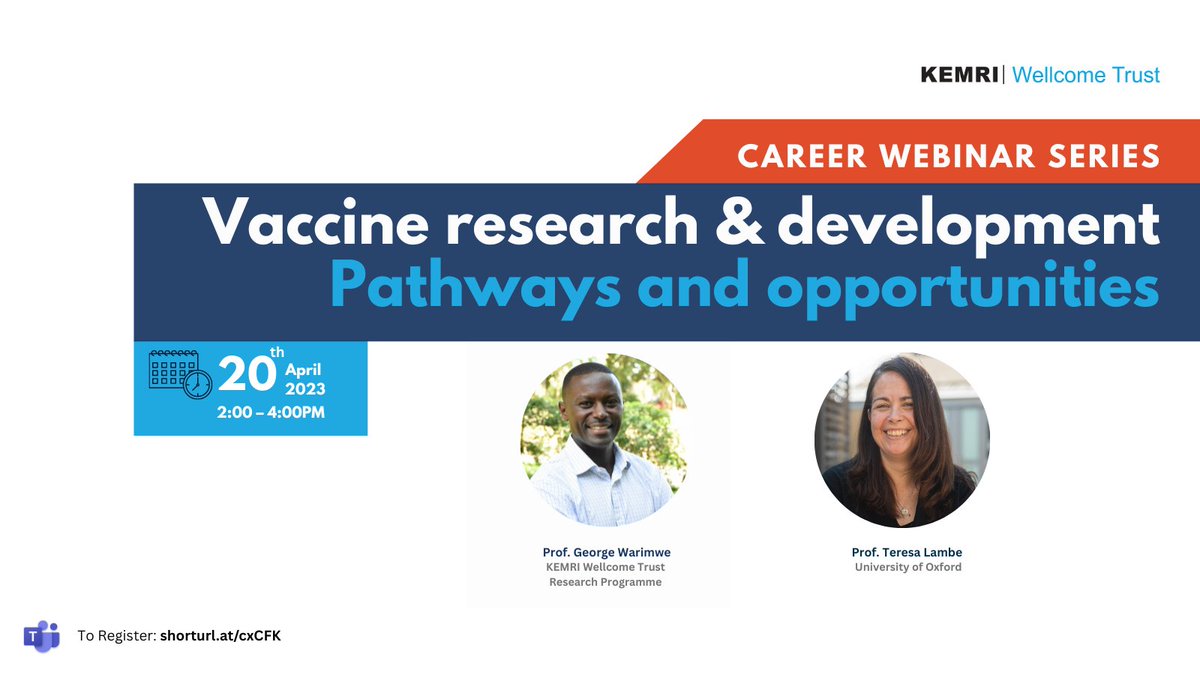 KEMRI_Wellcome's tweet photo. Are you a university student in Africa interested in exploring a career in vaccine research &amp; development

Join Prof Warimwe &amp; Prof Lambe for a webinar on pathways &amp; opportunities for careers in vaccine R&amp;D

Register Here! https://t.co/ZSDs9FXP8b
Date: 20th April 2:00 EAT https://t.co/qr9RmcEd5T