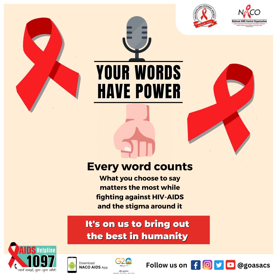 goasacs's tweet photo. Share a word of awareness about HIV/AIDS and help fight HIV stigma and discrimination.

#hivstigma #hivdiscrimination #dial1097 #NACOApp #HIVawareness #AIDSawareness #HIV #AIDS #goasacs https://t.co/6oRvuJyFoY