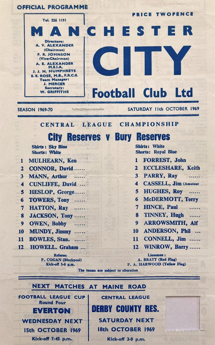 Manchester City 1 Bury 1
Central League 11/10/69 Att.2,197
#MCFC #BuryFC 
Quite a few recognisable names inc. for City, Stan Bowles & @HitmanHatton’s Dad Ray, for Bury ex-City Paul Hince, ex-LFC Alf Arrowsmith, future LFC Terry McDermott, Ray Parry & cricketer Keith Eccleshare.