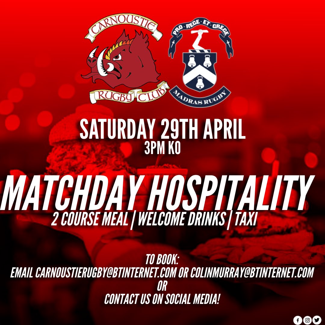 Hospitality available for our match against Madras at the end of April! 🍽

To book, contact us by:
📧 CarnoustieRugby@btinternet.com
📧 ColinMurray@btinternet.com
📲 Facebook, Twitter, Instagram

#CarnoustieRugby #GoBoars #BoarDown #CarnoustieRugbyHospitality