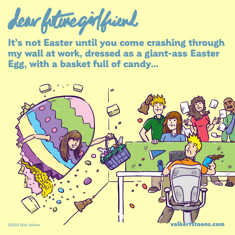 DearFutureGF's tweet photo. The bits of wall debris in the candy, kind of add to the flavor, not gonna lie. Happy Easter!

#comic #webcomic #illustration #relationships #futuregirlfriend #dearfuturegirlfriend #indiecomic #dating #datinglife #easter #easteregg #eastercandy #candy #basket https://t.co/AiguS7Mgtd