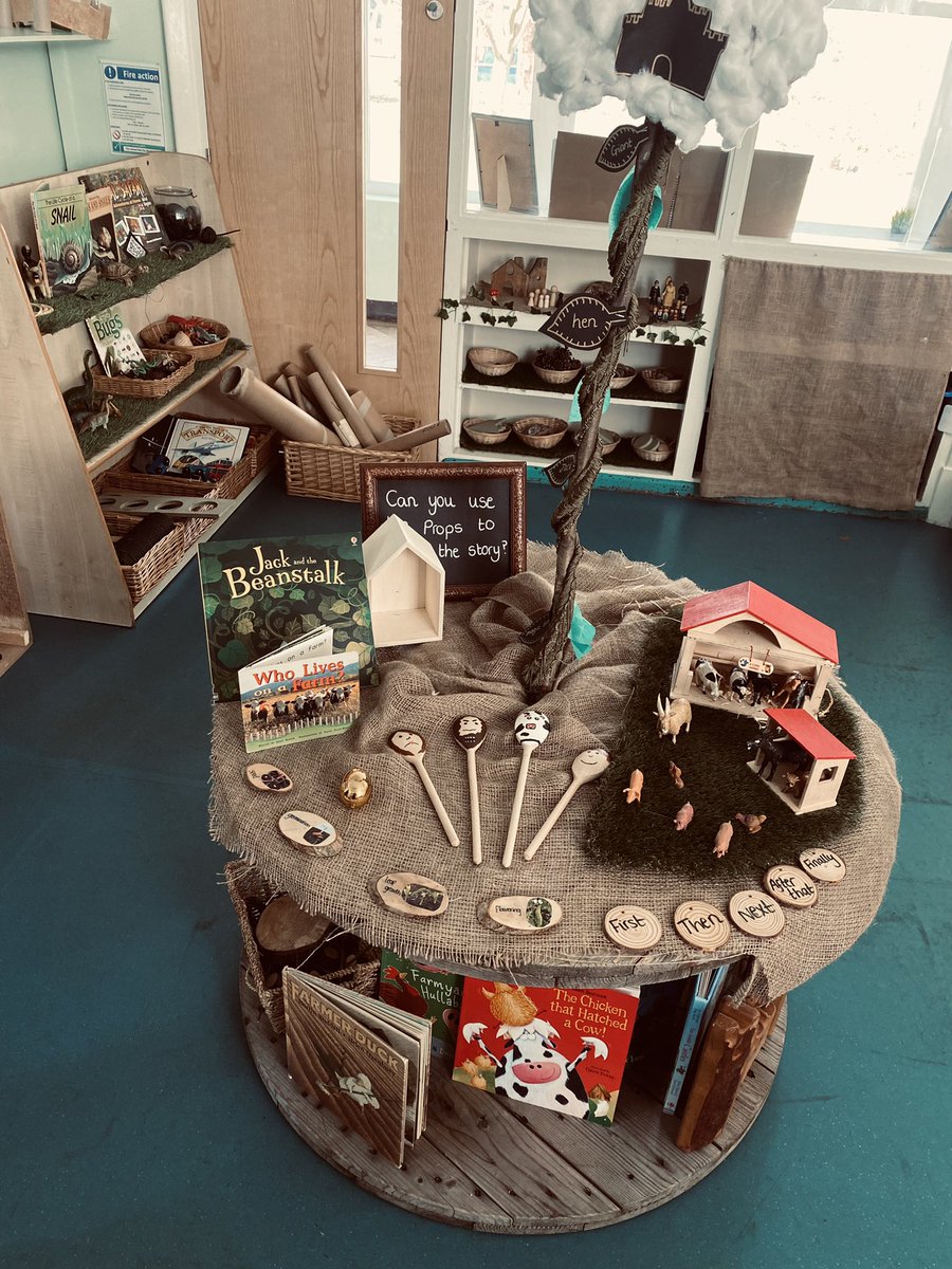 Our core text this term is ‘Jack and the Beanstalk’. We have set up story telling props to promote comprehension and expressive vocabulary. We want children to use their imagination to expand their ideas and create visual images of the story.
