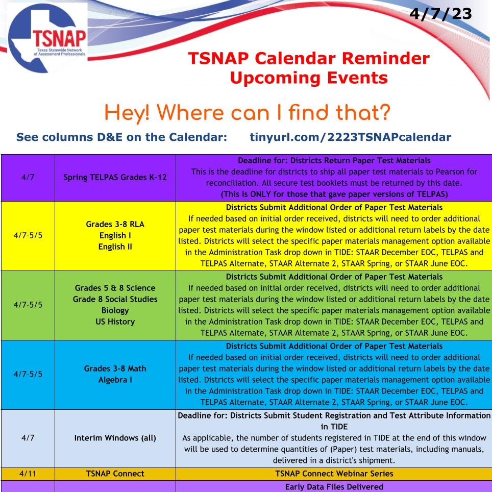 JamieHBarron's tweet photo. TSNAP Calendar Reminder 4/7/23 - a day early!
@tsnaptalk #tsnap
Because today is my Friday!
Here is the link to my full calendar: https://t.co/NuIOMSNoyT
Be sure to look at the "Hey! Where can I find THAT?" Column" for help with each event/activity. https://t.co/JIRMts5kCU