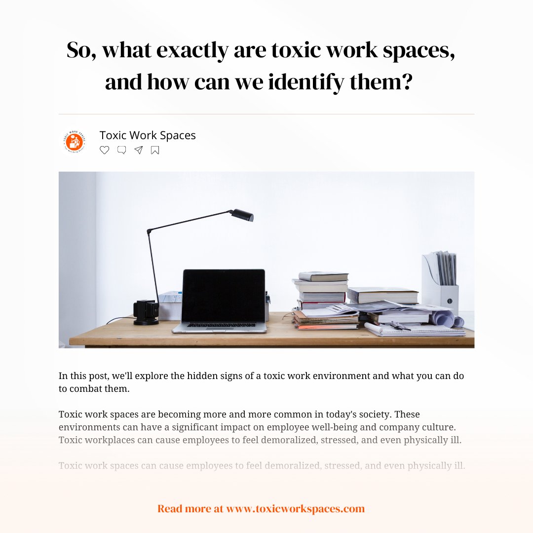 toxicworkspaces's tweet photo. So, what exactly are toxic work spaces, and how can we identify them?
In this post, we've explored the hidden signs of a toxic work spaces and what you can do to combat them 👇
https://t.co/sfnMg01PlC
#toxicworkspaces #work https://t.co/f3EcxghoKI