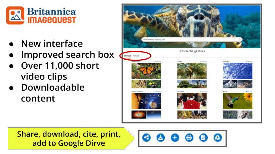 Britannica Image Quest has a new look and new content. You can now find over 11,000 video clips in their collection. Add video clips and images to your work. The citation tool makes it easy to credit the creators. Check it out. @tdsbVL