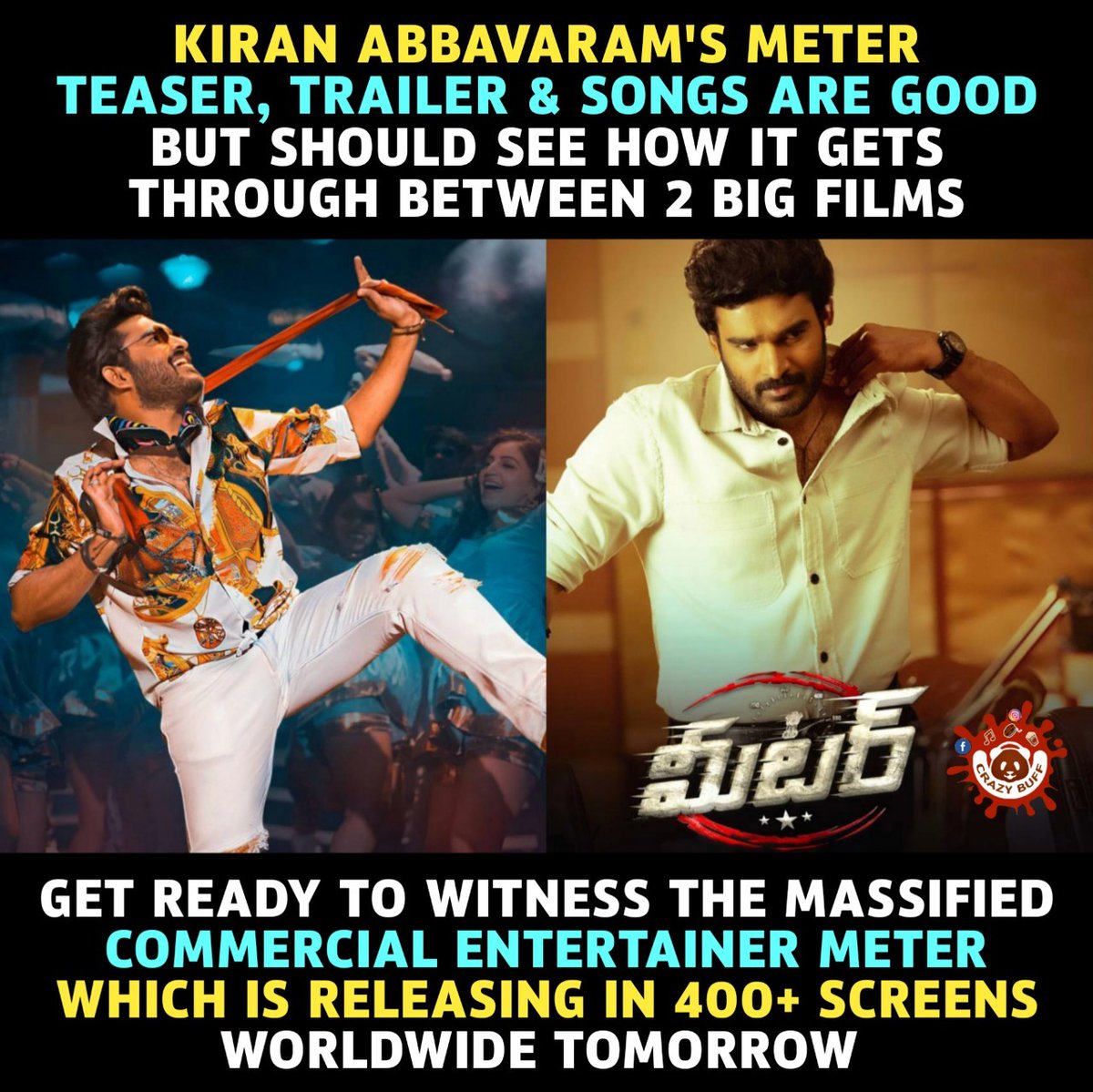 CrazyBuffOffl's tweet photo. #KiranAbbavaram @Kiran_Abbavaram #AthulyaaRavi's Mass #Meter in Theatres from Tomorrow 

@AthulyaOfficial #MeterFromTomorrow #MeterOnApril7th #KiranAbbavaramMeter https://t.co/6qd4a1MmHq
