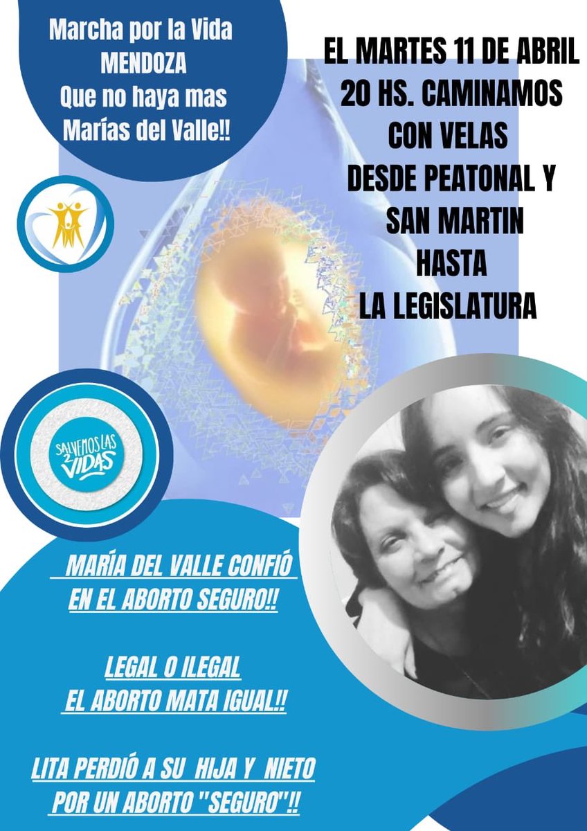 En memoria de María del Valle y para q no haya más víctimas del aborto.
▶️ MARCHA EN #MENDOZA
▶️ 11 DE ABRIL 20 HS.
<a href="/PabloPriore/">Pablo Priore</a> <a href="/alfredocornejo/">Alfredo Cornejo</a> <a href="/AdolBermejo/">Adolfo Bermejo</a> <a href="/luispetri/">Luis Petri</a> <a href="/juliocobos/">Julio Cobos</a> <a href="/rodysuarez/">Rodolfo Suarez</a>
<a href="/mdzol/">MDZ Online</a>
<a href="/LosAndesDiario/">LOS ANDES</a>
<a href="/diariouno/">Diario UNO Mendoza</a>
 <a href="/MendozaPost/">Mendoza Post</a>
 <a href="/elsolonline/">Diario El Sol Mendoza</a>
 <a href="/diario_mendoza/">Diario Mendoza</a>
