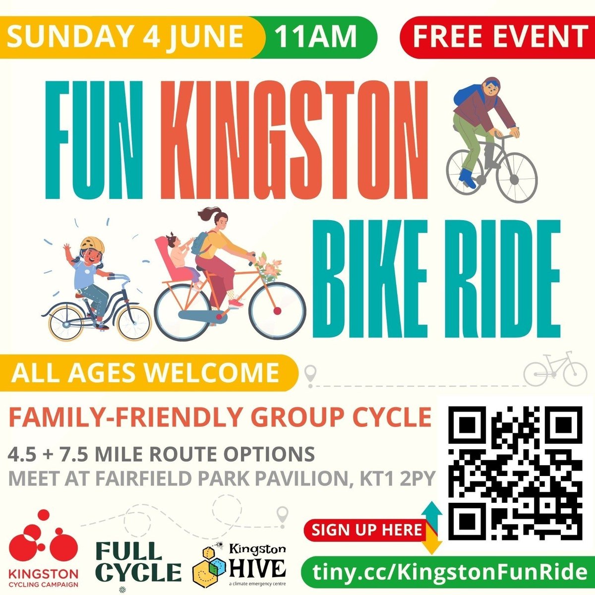 Would you &amp; your family like to build your cycle confidence? If so, all ages &amp; abilities are welcome to join <a href="/KingstonCycling/">Kingston Cycling Campaign</a>'s free fun ride on 4 June! Starting in Fairfield, it'll be an easy ride along some of Kingston’s cycle routes, quieter roads &amp; LTNs.  #Norbiton #Surbiton