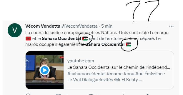 BreikaBeiba's tweet photo. La communauté du #SaharaOccidental càd les sahraouis marocains déplore la propagande stérile & contre-productive du #TeamJorge algérien qui associe à chaque fois l'emoji illégal 🇪🇭 à l'ancien territoire du Sahara Occidental 🇲🇦.
#WesternSahara
#AlgeriaGate #AmnestyGate
#eupol https://t.co/6dvAg0BqPC