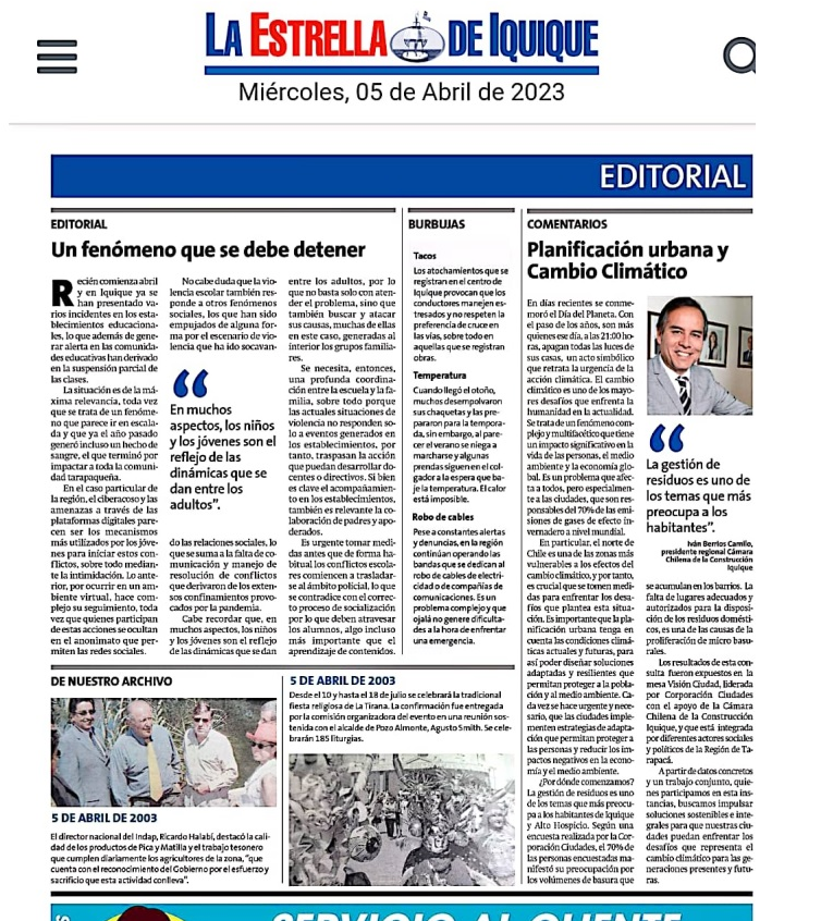 CChC_Tarapaca's tweet photo. Les compartimos la columna de opinión del Presidente Regional de @CChC_Chile #Iquique @i_berrios en relación a Planificación Urbana y Cambió Climático que fue publicada por el diario @laestrellaiqq . https://t.co/mFPMhkiU7c