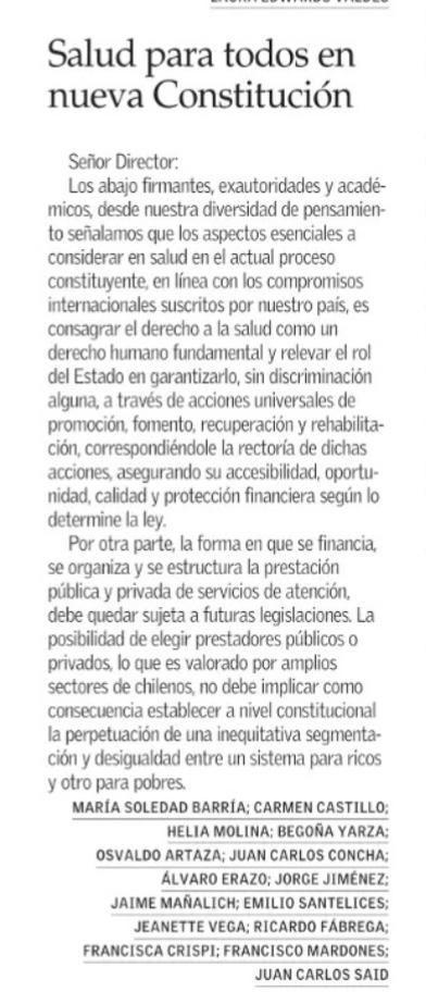 La transversalidad de esta carta es una clara demostración que debemos mejorar -bastante- la redacción del derecho a la salud en el trabajo de la Comisión Experta del #ProcesoConstitucional.

Les invito a leerla 👀: