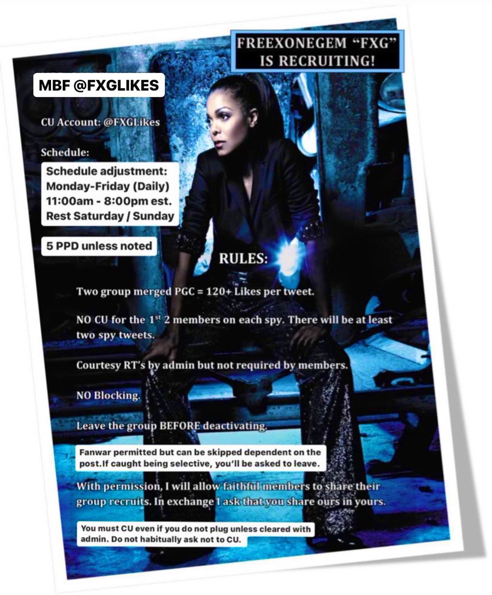 FREEXONEGEM “FXG” (@fxglikes) on Twitter photo ‼️FreeXoneGem “FXG” is Recruiting‼️
🤝To Join:
MBF <a href="/FXGLIKES/">FREEXONEGEM “FXG”</a>
🔁 RT this post to be added OR to stay.
😩 You MUST use our likes to CU. MERGED PGC. We will be slightly less than 120 some days.
💯 Please make sure you understand ALL of the rules below. DM questions 🙂 ‼️FreeXoneGem “FXG” is Recruiting‼️
🤝To Join:
MBF <a href="/FXGLIKES/">FREEXONEGEM “FXG”</a>
🔁 RT this post to be added OR to stay.
😩 You MUST use our likes to CU. MERGED PGC. We will be slightly less than 120 some days.
💯 Please make sure you understand ALL of the rules below. DM questions 🙂
