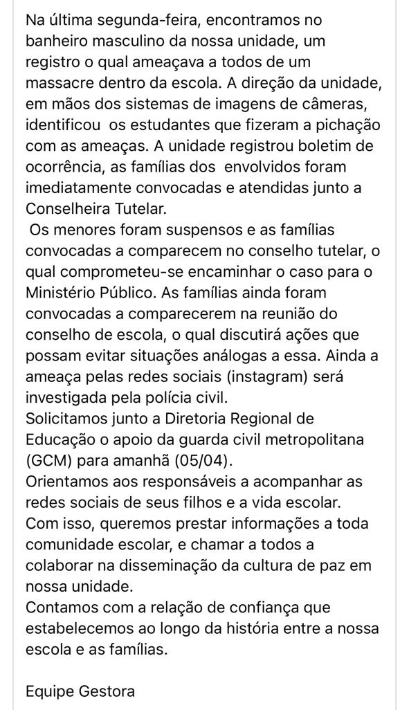 AnaSpiacci's tweet photo. As fotos abaixo mostram, o que seria um aviso dado por alunos dentro de uma escola da rede pública de ensino, localizada na zona norte de São Paulo. 
(Não direi o nome da escola, por questão de segurança).

#AtaqueBlumenau #ataquecreche #Escola #ARMAS #ZonaNorte https://t.co/9Hyo5ymviC