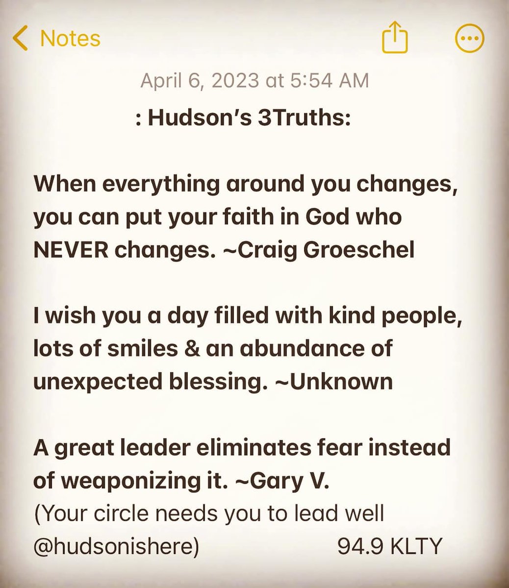 949KLTY's tweet photo. #3Truths from @HudsonIsHere on your Thursday! 😎 Tune into @KltyMornings on 94.9 #KLTY for more #inspiration ➡️ https://t.co/V2qPkN5DDg 👍 #GodNeverChanges #haveagreatday #eliminatefear #KLTY #LiftYourSpirits #TeamKLTY https://t.co/oUIsPVmC9y