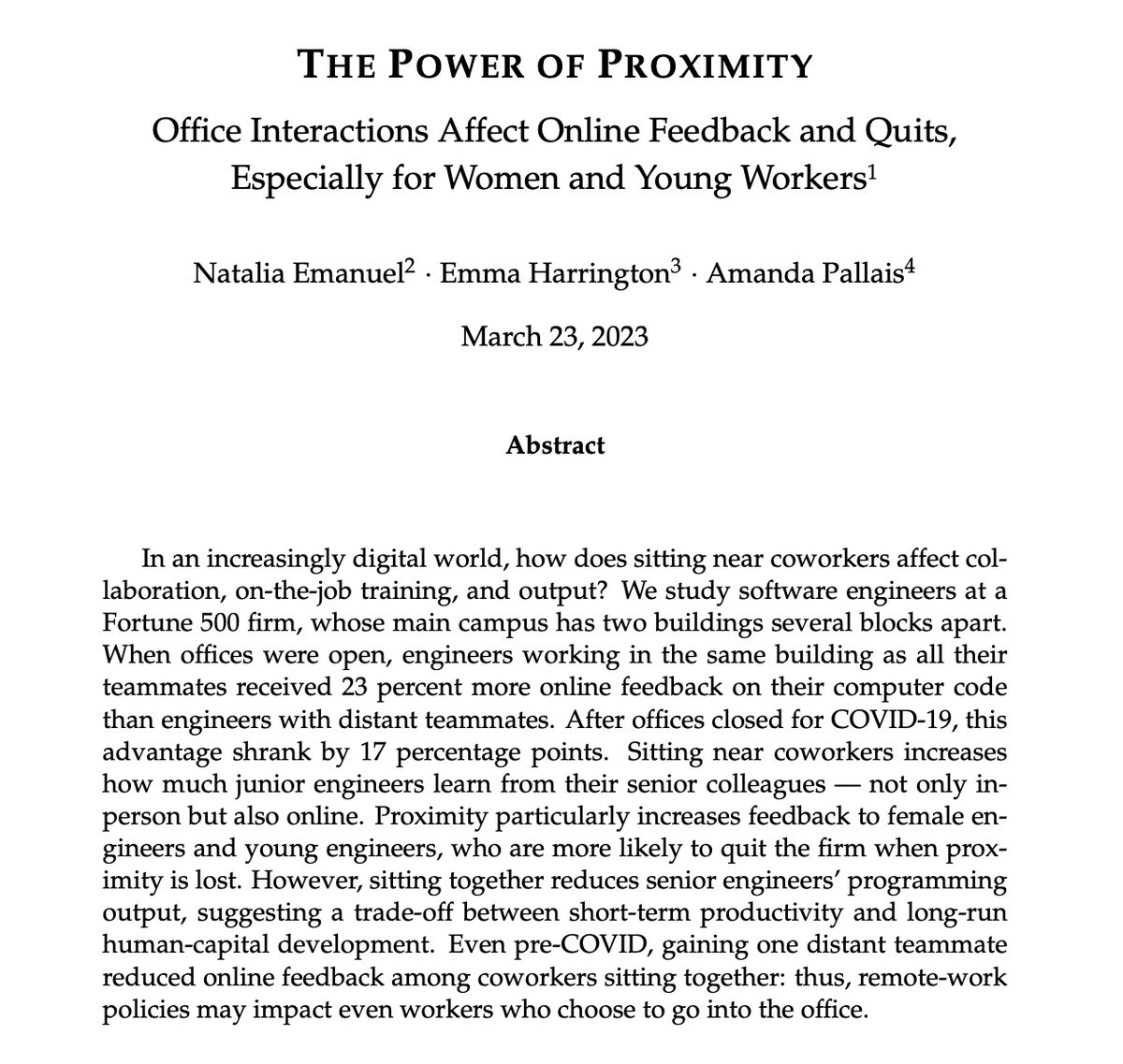 my favorite paper recently, partially bc it says i'm right to be curmudgeonly about remote work. for engineers, working in person means getting more feedback. This is esp important if you're young or a woman (women/young ppl who received less feedback were more likely to leave)