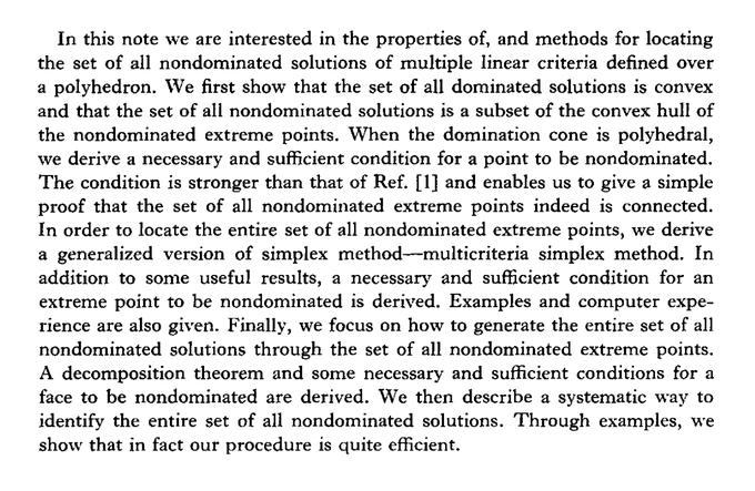 LGcommaI's tweet photo. #YuZeleny1975-1 
 [#AppliedMath
 #EhrgottReadingDiary
 #Optimization]

Journal of Mathematical Analysis and Applications 49 430-468 (1975)

The Set of All Nondominated Solutions in Linear Cases and a Multicriteria #SimplexMethod

Po-Lung Yu
Milan Zeleny
(#ColumbiaUniversity) https://t.co/hIJrw4yDq1