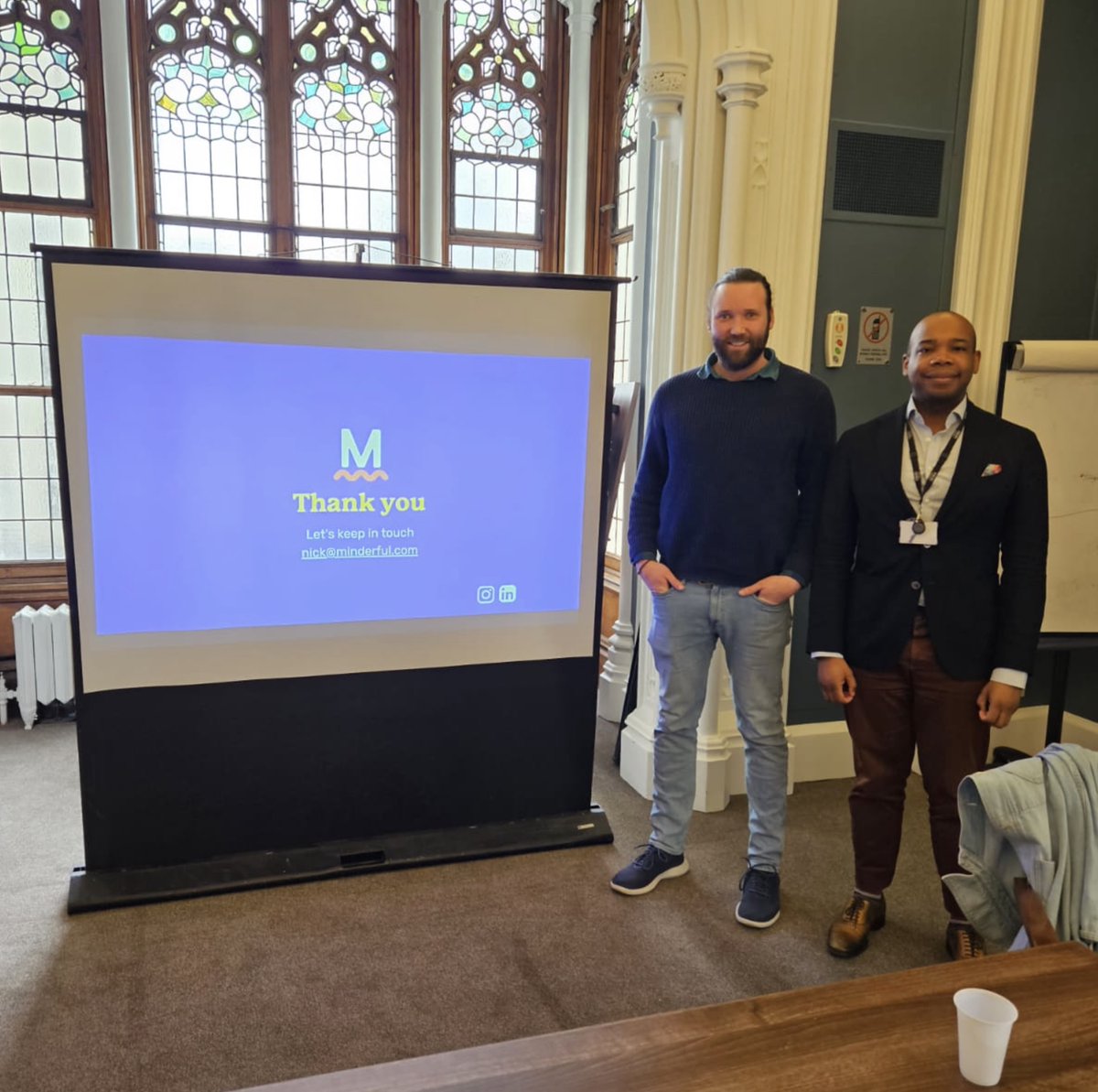 James Harrop (pictured here with Dr. Donald Masi) and Dr. Nick Prior, the co-founders of Minderful, gave a presentation today at the Priory Hospital in Roehampton, using themselves as bipolar case studies. Learn about the Minderful approach at bit.ly/3Uefdy8 #minderful