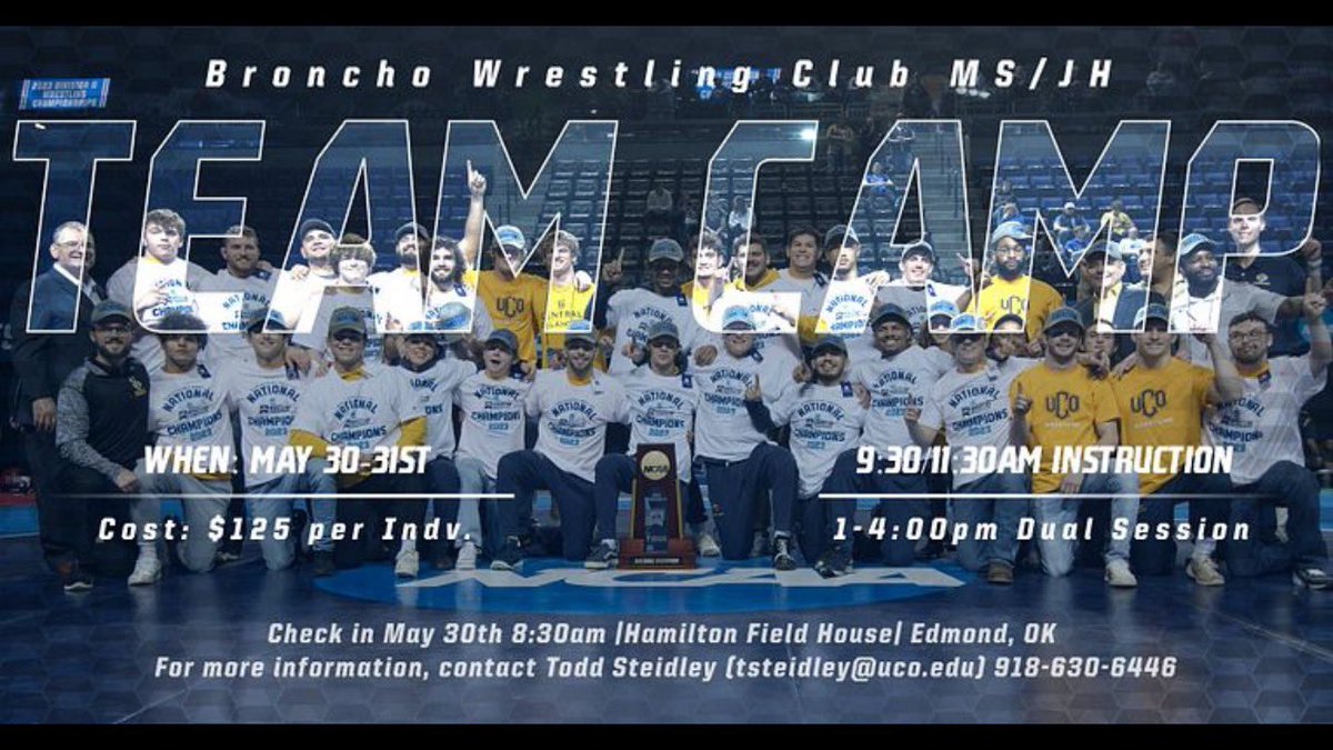 🚨Jr. High Kids🚨

Join UCO’s Wrestling Team Camp, May 30-31st in Hamilton field House! 

There will be both technique and dual meet sessions🤼‍♂️

Come train with the best!🌀🐴