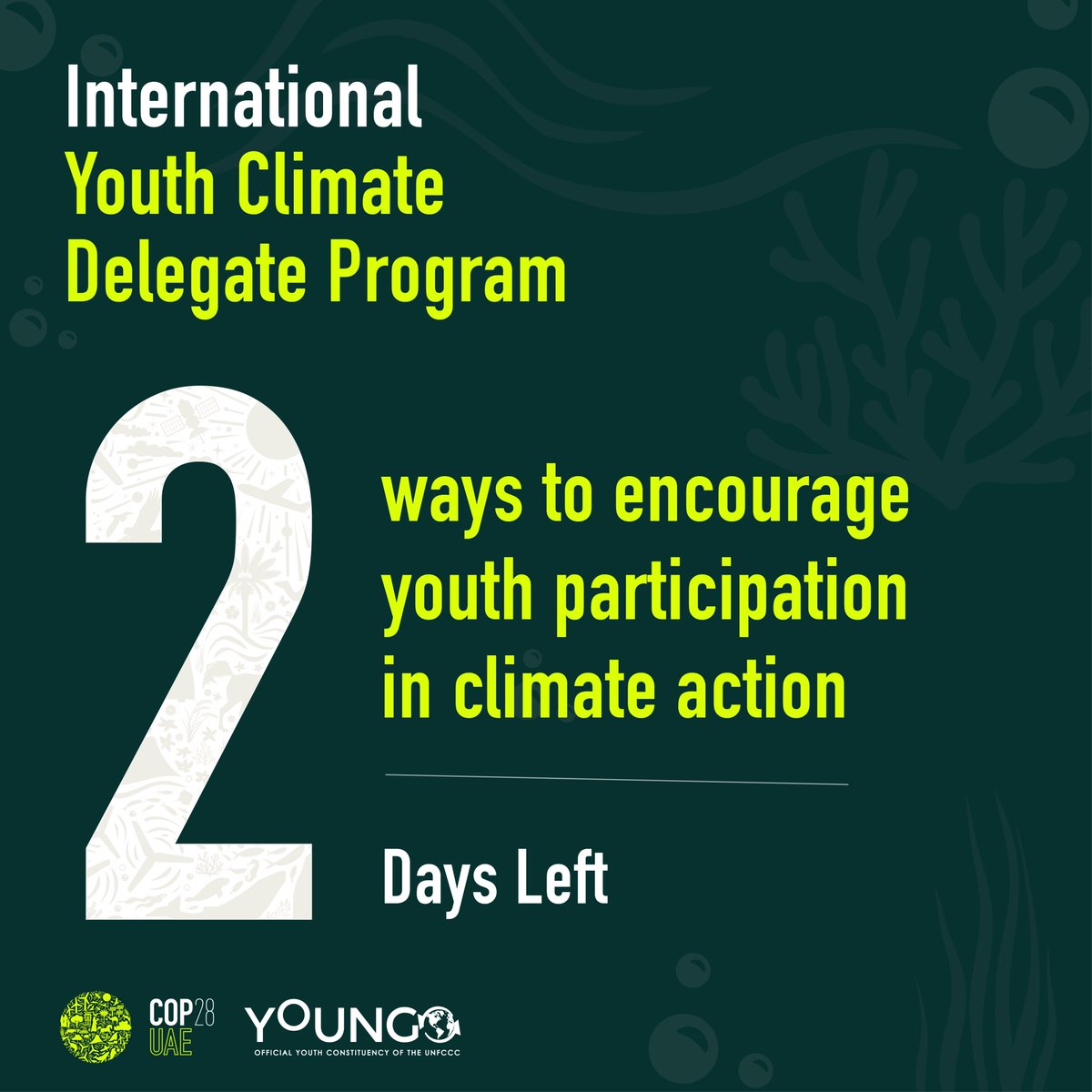 youngo_unfccc's tweet photo. Only 2 days left to apply for the #COP28 International Youth Climate Delegate Program!

Let's make sure that  young voices are heard in the climate action conversation!

Apply Now!  https://t.co/2bg2jyVb47

#YOUNGO #climatechange #SDGs #youth #YouthEmpowerment  #Youth4Climate https://t.co/y0Og4TXVy0