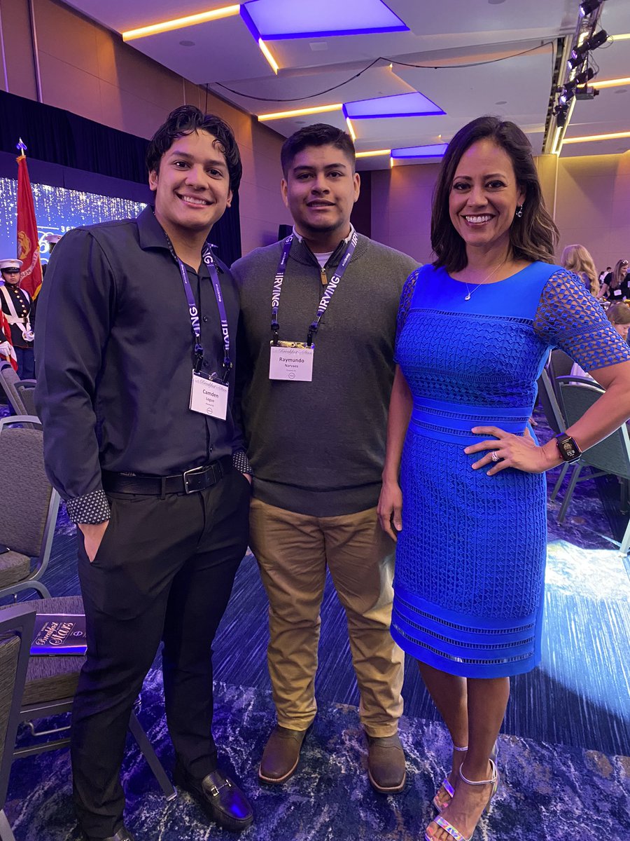 wfaaizzy's tweet photo. Meet Camden Logue (far left) from @MacarthurHS and Raymundo Narvaes from @IrvingHigh !! Both getting scholarships today!’ Camden will major in Kinesiology at @UNTsocial and Raymundo will major in Veterinary Biomedical Technology at Texas A&amp;M Commerce! Thank you for being awesome! https://t.co/EjjbYnAgwF