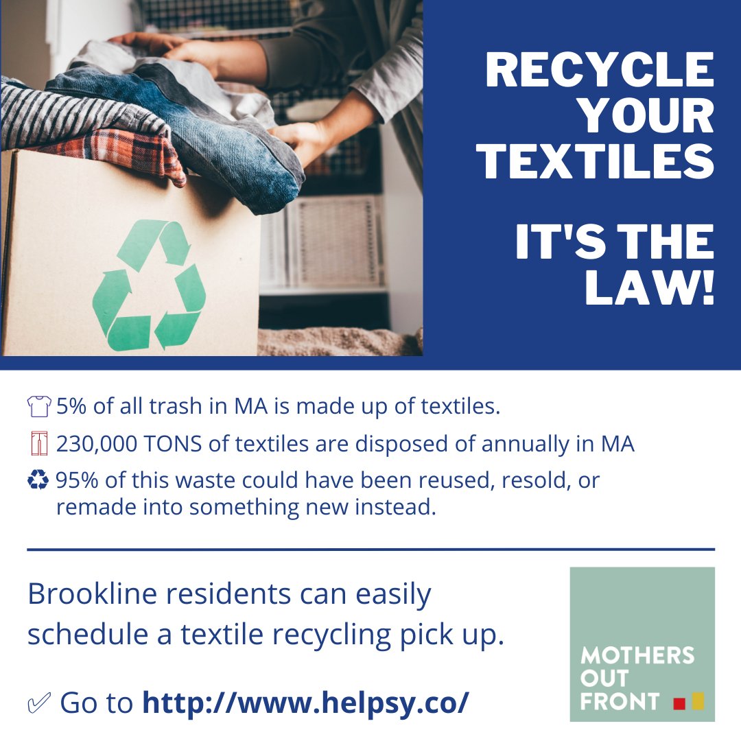 👚👖♻️ As of Nov 1, 2022, textiles are no longer allowed in the trash in #Massachusetts. They must be recycled or donated for reuse. Brookline residents can schedule a free textile recycling pick-up with Helpsy. ✅ helpsy.co #TextileRecycling #Recycling #ZeroWaste